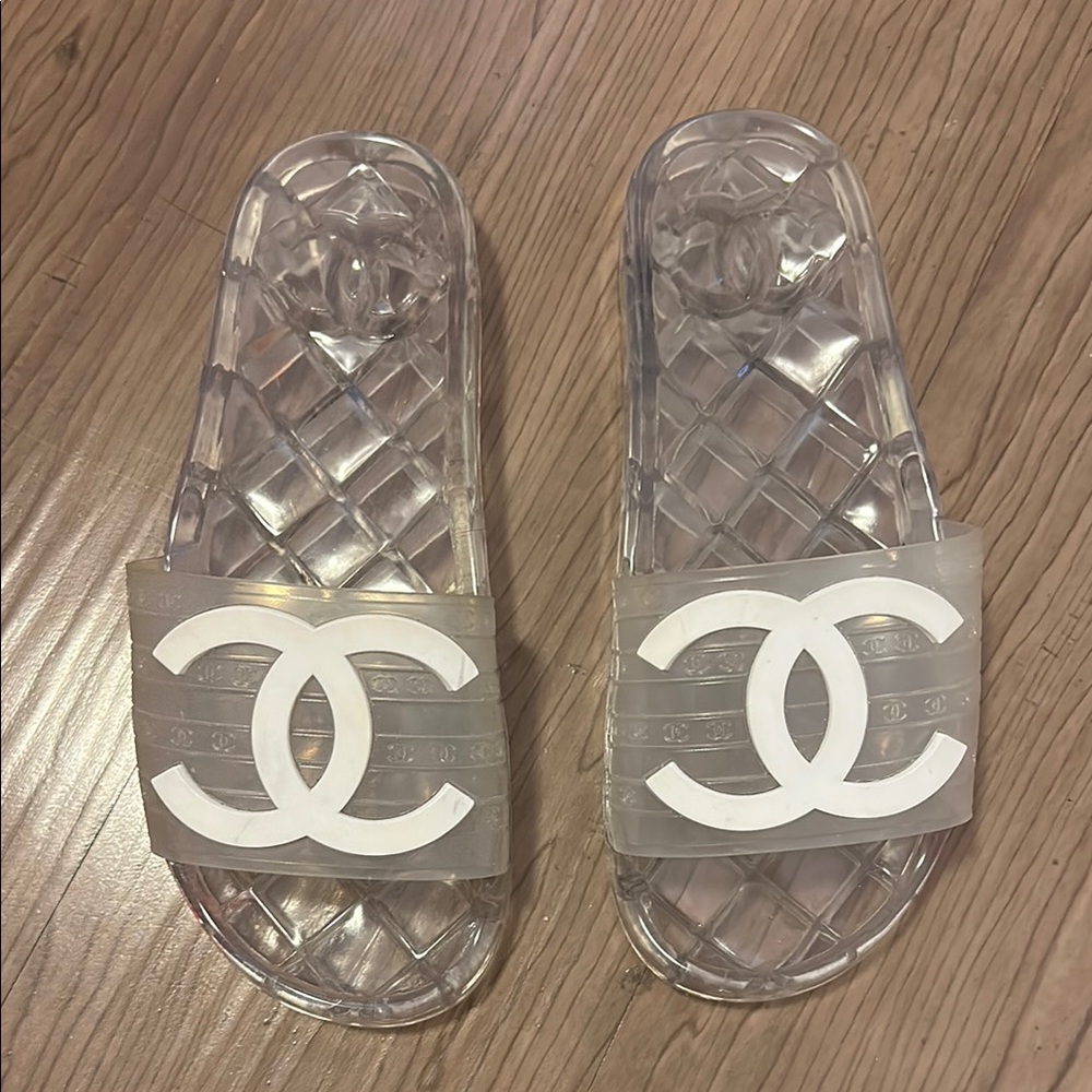 CHANEL Transparent Slide Sandals with White Logo